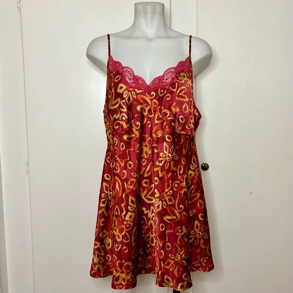 Cacique Other - Vintage Y2K Cacique Red Gold Boho Floral Mini Slip Dress Lace Trim